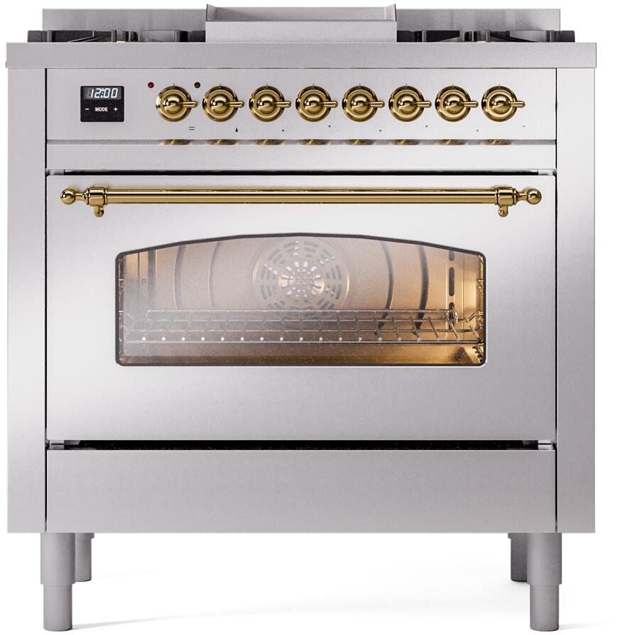 ILVE Nostalgie II 36-Inch Freestanding Dual Fuel Range, Stainless Steel with Brass Trim (UP36FNMPSSGLP)