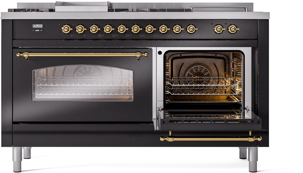 ILVE Nostalgie II 60-Inch Dual Fuel Range with 7 Burners, Griddle, & French Top with Triple Glass Door Oven in Glossy Black with Brass Trim (UP60FSNMPBKG)