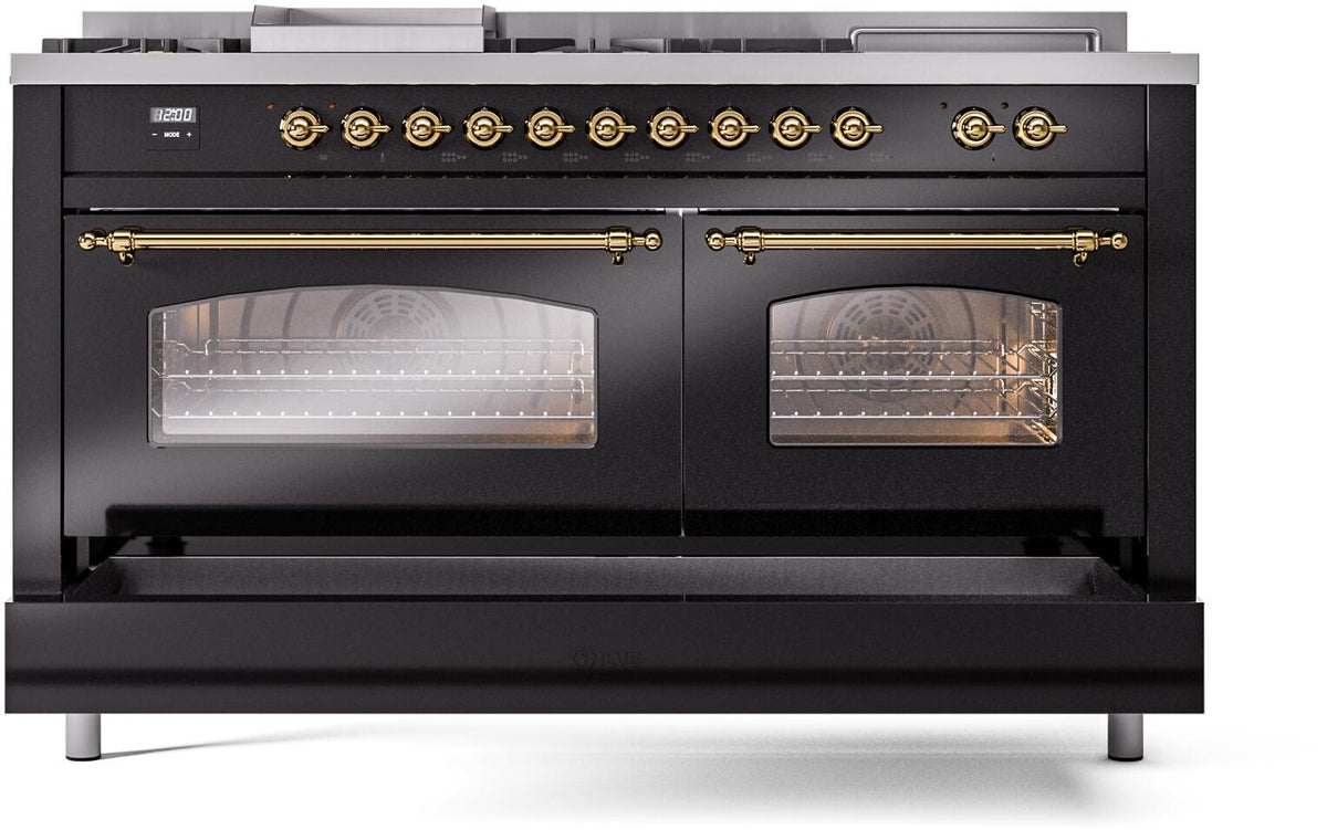ILVE Nostalgie II 60-Inch Dual Fuel Range with 7 Burners, Griddle, & French Top with Triple Glass Door Oven in Glossy Black with Brass Trim (UP60FSNMPBKG)