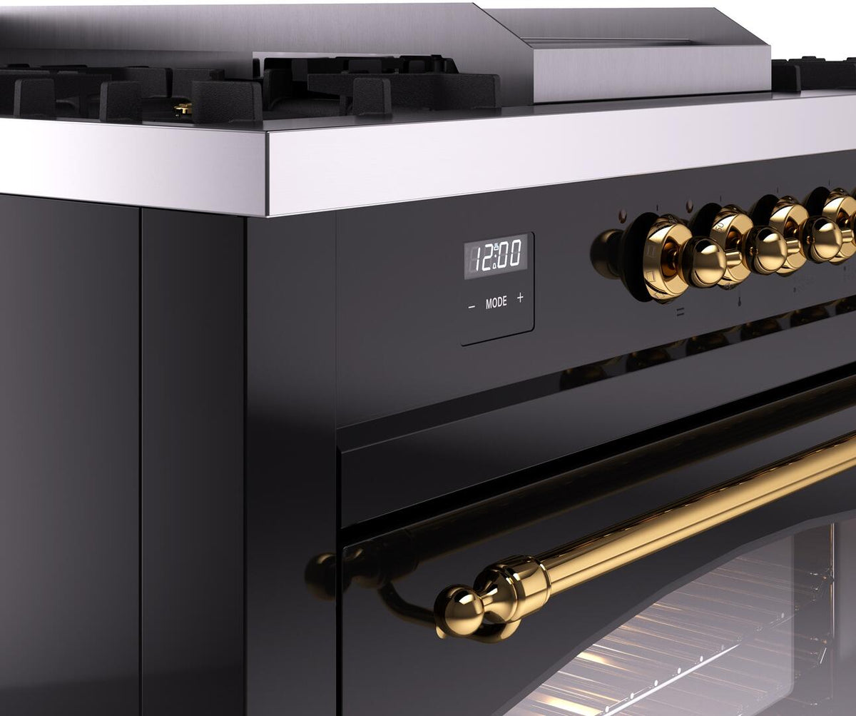 ILVE Nostalgie II 60-Inch Propane Gas Dual Fuel Range with 7 Burners, Griddle, & French Top with Triple Glass Door Oven in Glossy Black with Brass Trim (UP60FSNMPBKGLP)