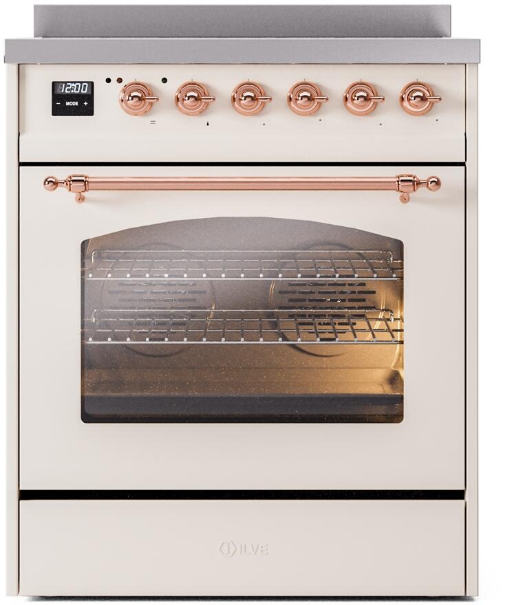 ILVE Nostalgie II 30-Inch Electric Induction Range, Freestanding, Antique White with Copper Trim (UPI304NMPAWP)