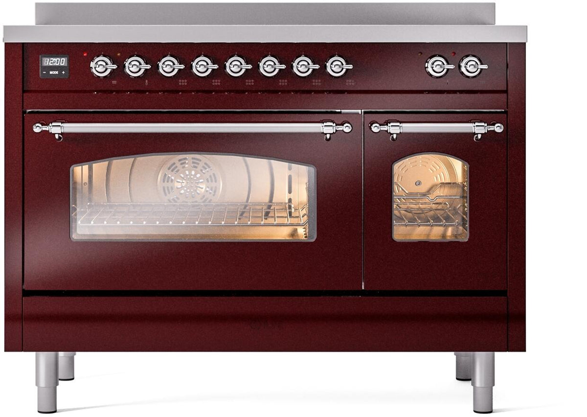 ILVE Nostalgie II 48-Inch Freestanding Electric Induction Range, Burgundy with Chrome Trim (UPI486NMPBUC)
