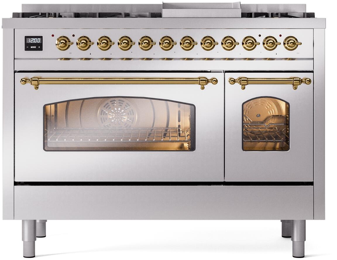 ILVE Nostalgie II 48-Inch Freestanding Dual Fuel Range, Stainless Steel with Brass Trim (UP48FNMPSSGLP)