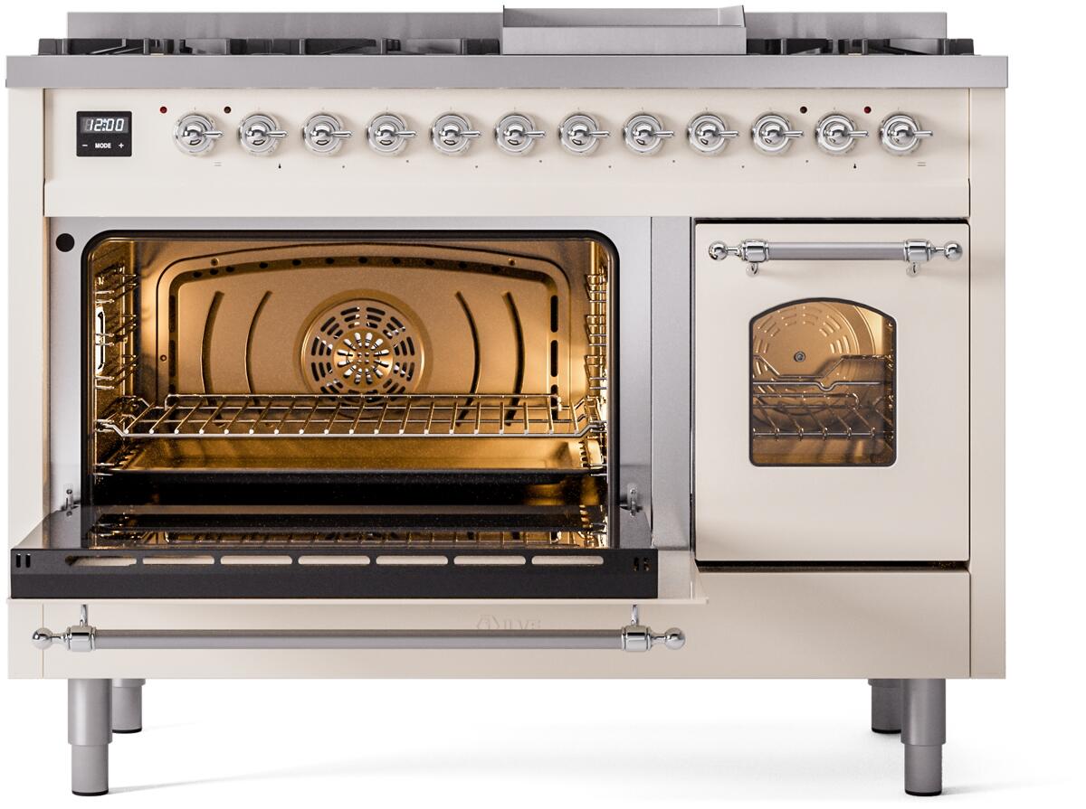ILVE Nostalgie II 48-Inch Dual Fuel Freestanding Range in Antique White with Chrome Trim (UP48FNMPAWCLP)