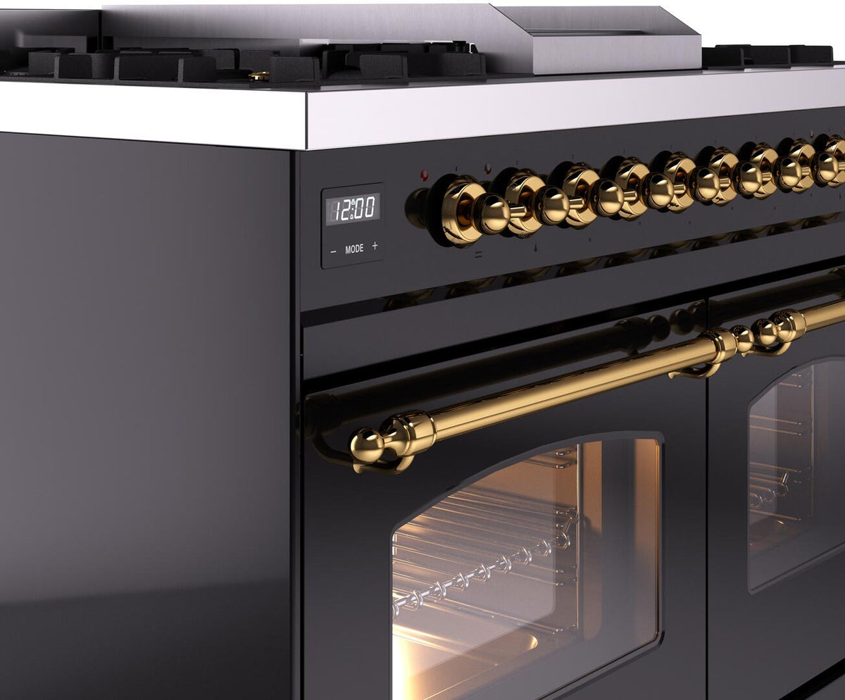 ILVE Nostalgie II 40-Inch Dual Fuel Freestanding Range in Glossy Black with Brass Trim (UPD40FNMPBKGLP)