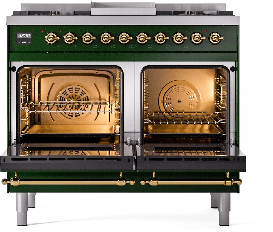 ILVE Nostalgie II 40-Inch Dual Fuel Freestanding Range in Emerald Green with Brass Trim (UPD40FNMPEGGLP)