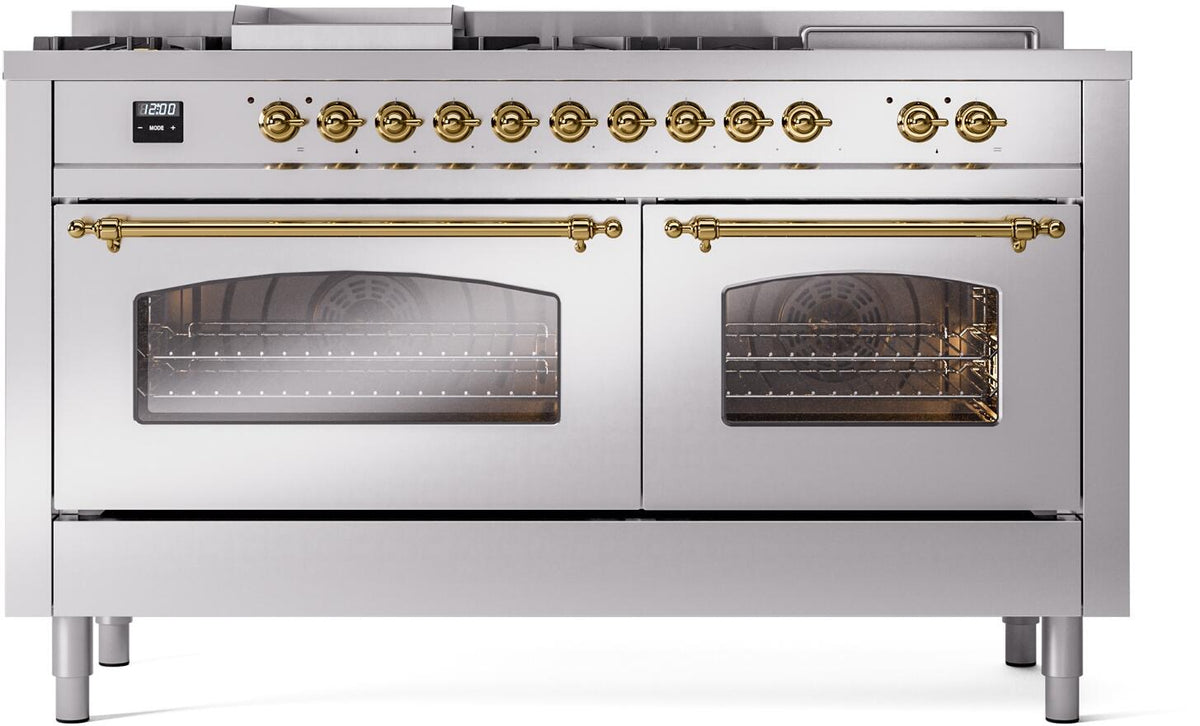 ILVE Nostalgie II 60-Inch Propane Gas Dual Fuel Range with 7 Burners, Griddle, & French Top with Triple Glass Door Oven in Stainless Steel with Brass Trim (UP60FSNMPSSGLP)