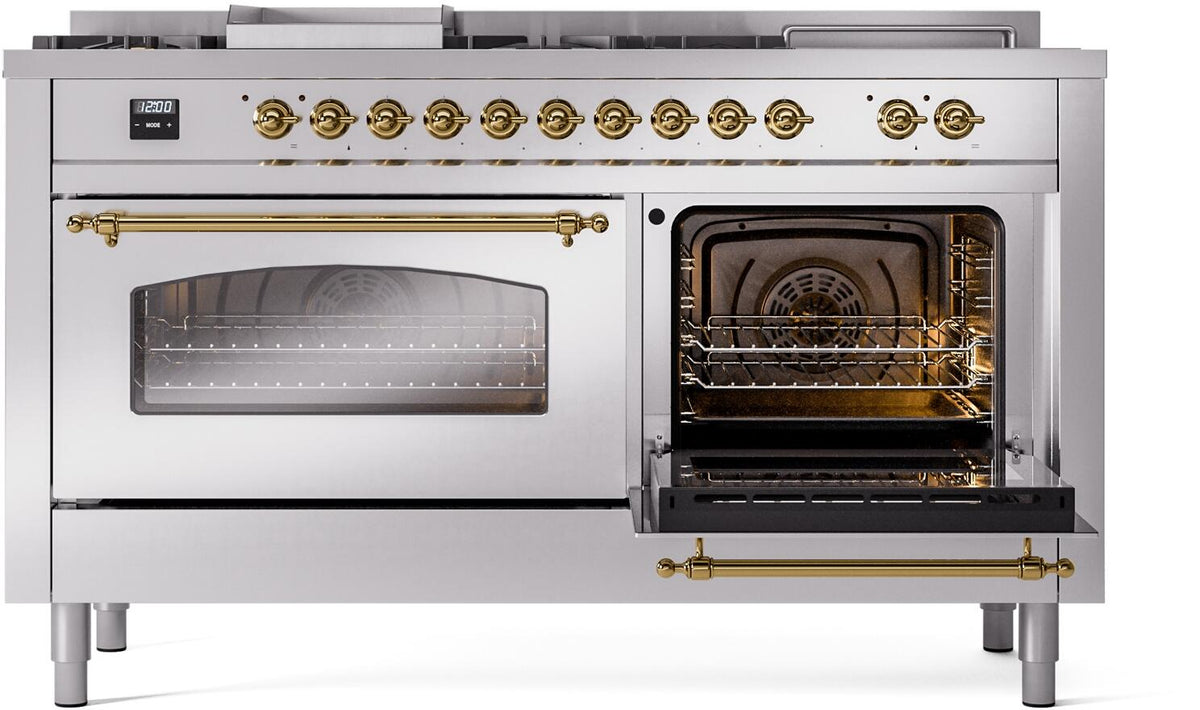 ILVE Nostalgie II 60-Inch Propane Gas Dual Fuel Range with 7 Burners, Griddle, & French Top with Triple Glass Door Oven in Stainless Steel with Brass Trim (UP60FSNMPSSGLP)