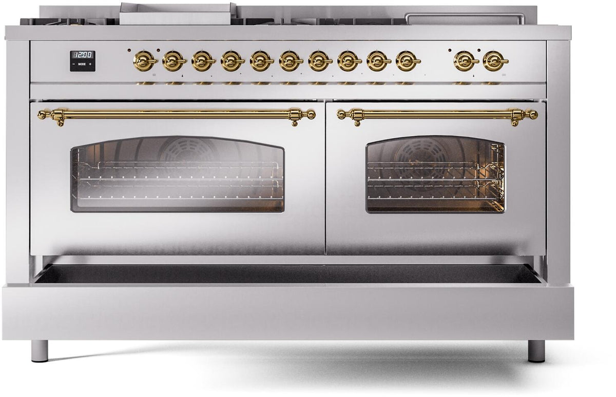 ILVE Nostalgie II 60-Inch Propane Gas Dual Fuel Range with 7 Burners, Griddle, & French Top with Triple Glass Door Oven in Stainless Steel with Brass Trim (UP60FSNMPSSGLP)
