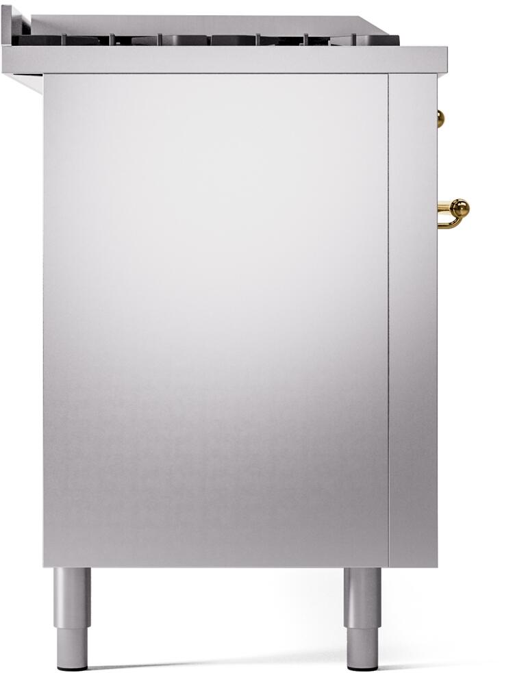 ILVE Nostalgie II 60-Inch Propane Gas Dual Fuel Range with 7 Burners, Griddle, & French Top with Triple Glass Door Oven in Stainless Steel with Brass Trim (UP60FSNMPSSGLP)