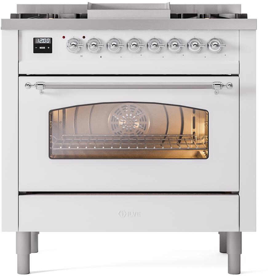 ILVE Nostalgie II 36-Inch Freestanding Natural Gas Dual Fuel Range, White with Chrome Trim (UP36FNMPWHC)