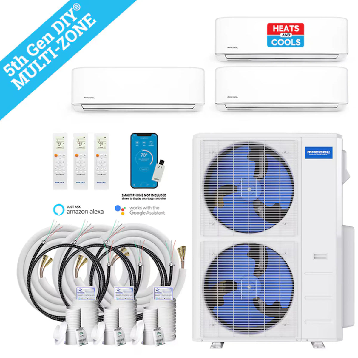MRCOOL DIY 5th Gen 55,000 BTU 3-Zone Ductless Mini Split Air Conditioner and Heat Pump with 6K+24K+24K BTU Wall Mount Indoor Units