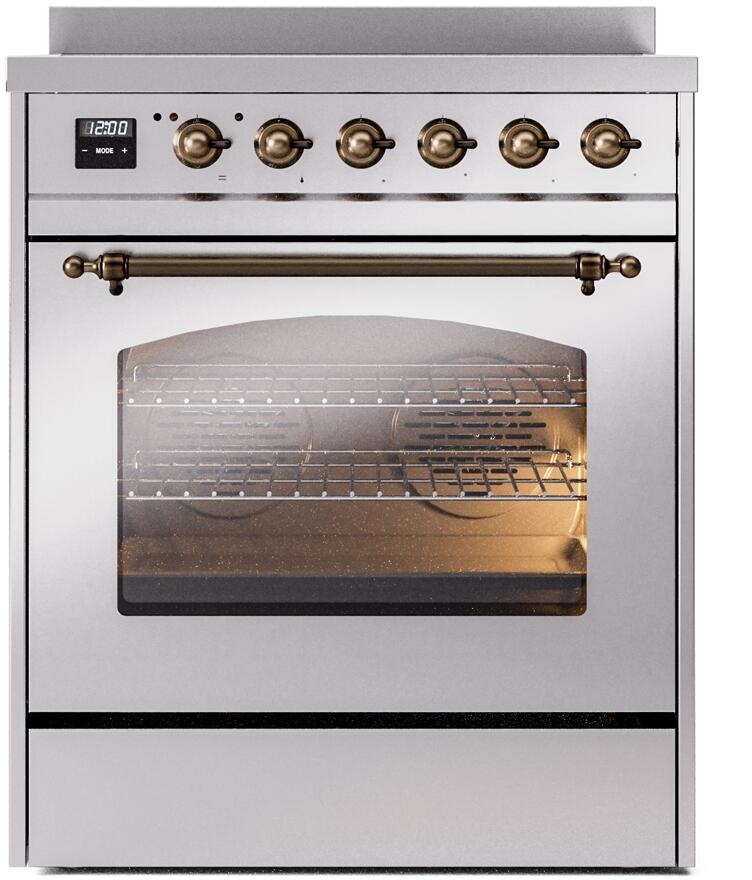 ILVE Nostalgie II 30-Inch Electric Induction Range, Freestanding, Stainless Steel with Burnished Bronze Trim (UPI304NMPSSB)