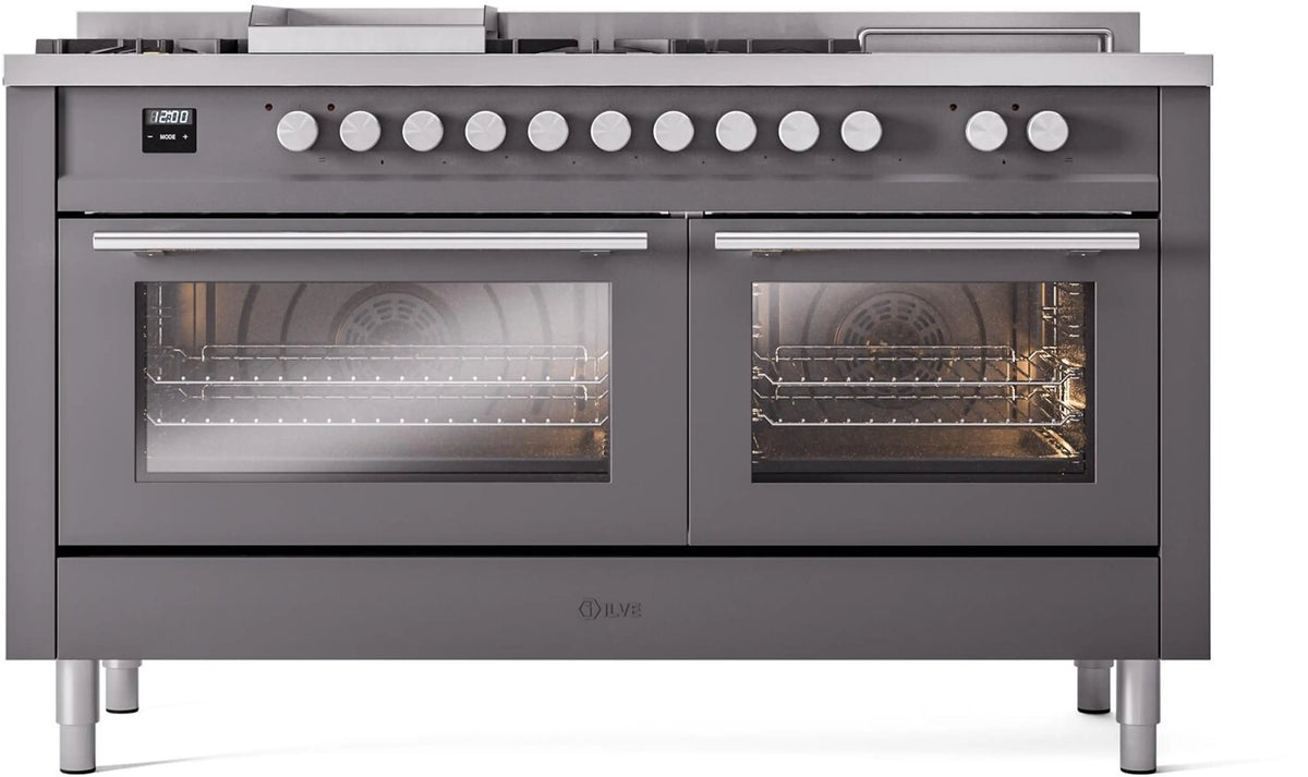 ILVE Professional Plus II 60-Inch Natural Gas Dual Fuel Range, 7 Burners, Griddle, French Top, Triple Glass Door, Matte Graphite (UP60FSWMPMG)