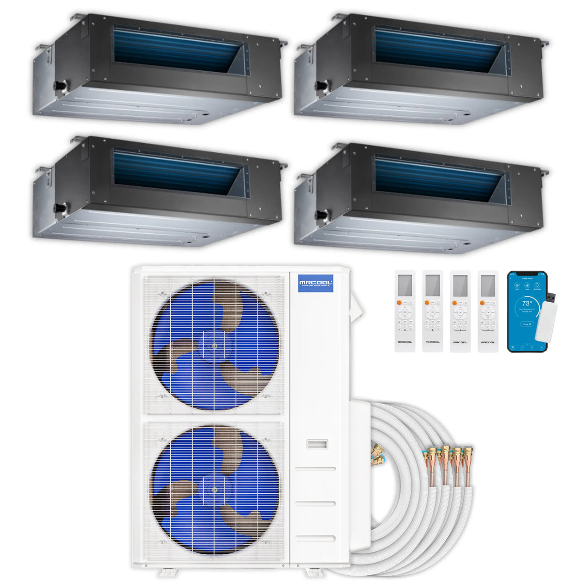 MRCOOL Olympus 4th Gen Mini Split - 4-Zone 48,000 BTU  Air Conditioner and Heat Pump Condenser with 18K + 12K + 12K + 9K Ceiling Concealed Ducted Air Handlers