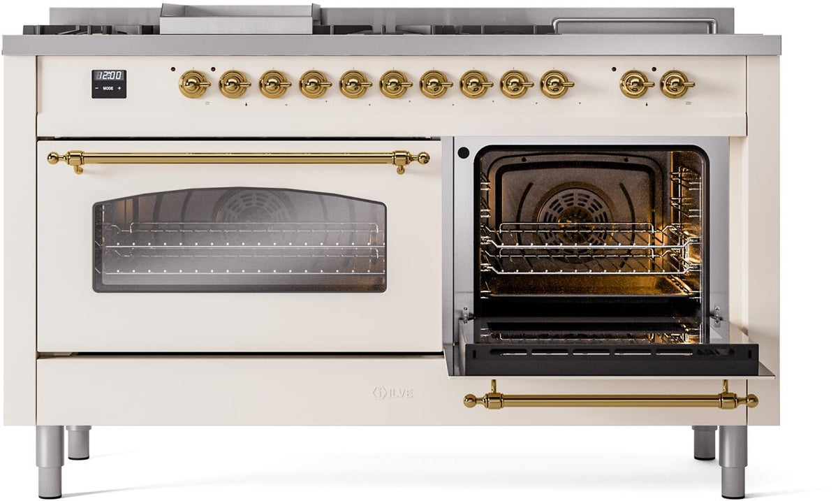 ILVE Nostalgie II 60-Inch Propane Gas Dual Fuel Range with 7 Burners, Griddle, & French Top with Triple Glass Door Oven in Antique White with Brass Trim (UP60FSNMPAWGLP)