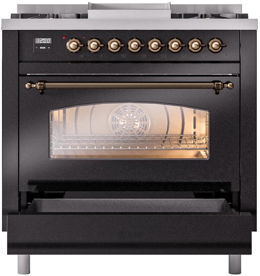 ILVE Nostalgie II 36-Inch Freestanding Natural Gas Dual Fuel Range in Glossy Black with Burnished Bronze Trim (UP36FNMPBKB)