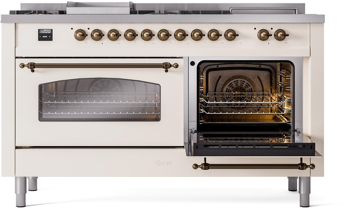 ILVE Nostalgie II 60-Inch Dual Fuel Range with 7 Burners, Griddle, & French Top with Triple Glass Door Oven in Antique White with Burnished Bronze Trim (UP60FSNMPAWB)