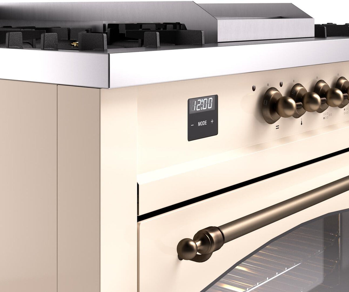 ILVE Nostalgie II 60-Inch Dual Fuel Range with 7 Burners, Griddle, & French Top with Triple Glass Door Oven in Antique White with Burnished Bronze Trim (UP60FSNMPAWB)