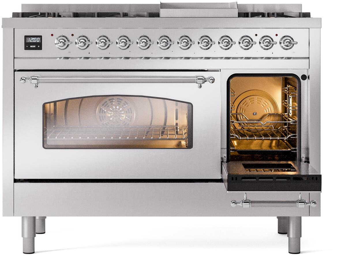 ILVE Nostalgie II 48-Inch Dual Fuel Freestanding Range in Stainless Steel with Chrome Trim (UP48FNMPSSCLP)