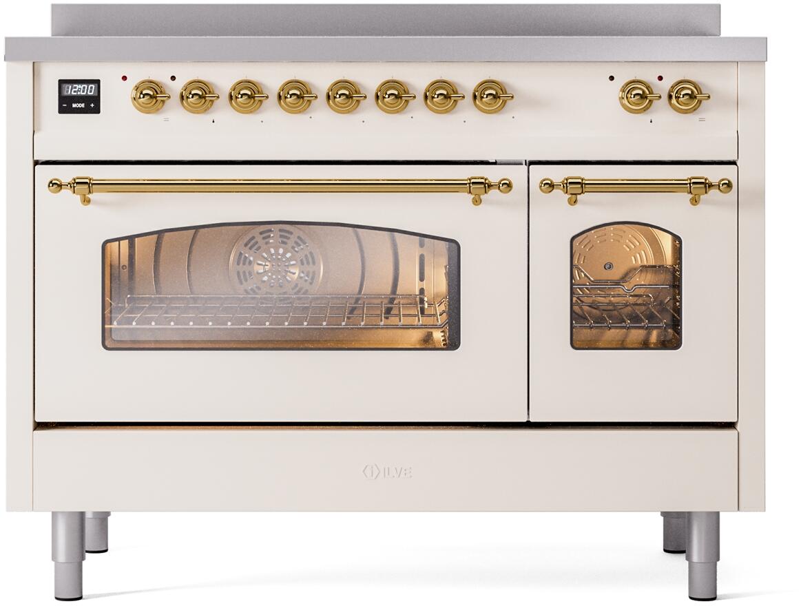 ILVE Nostalgie II 48-Inch Freestanding Electric Induction Range, Antique White with Brass Trim (UPI486NMPAWG)