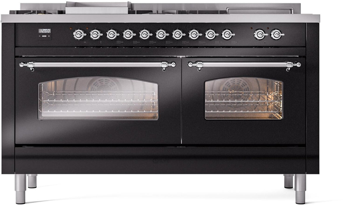 ILVE Nostalgie II 60-Inch Natural Gas Dual Fuel Range, 7 Burners, Griddle, French Top, Triple Glass Door, Glossy Black with Chrome Trim (UP60FSNMPBKC)