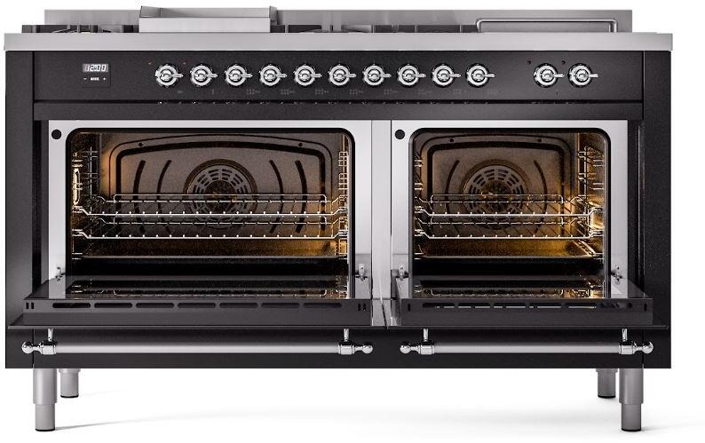 ILVE Nostalgie II 60-Inch Propane Gas Dual Fuel Range with 7 Burners, Griddle, & French Top with Triple Glass Door Oven in Glossy Black with Chrome Trim (UP60FSNMPBKCLP)