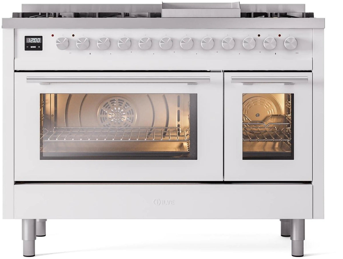 ILVE 48-Inch Professional Plus II Freestanding Propane Gas Dual Fuel Range with 8 Sealed Burner in White (UP48FWMPWHLP)