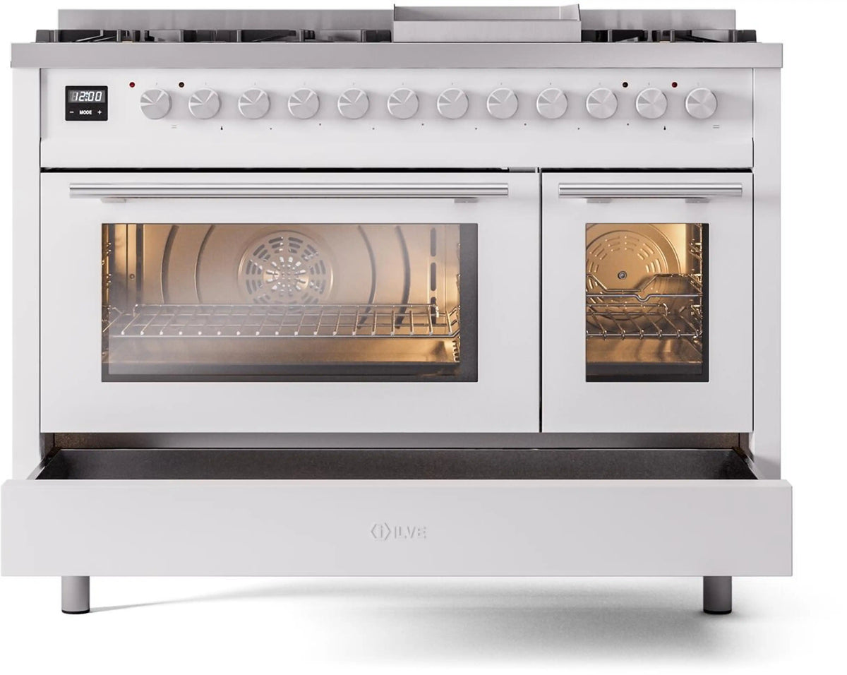 ILVE 48-Inch Professional Plus II Freestanding Propane Gas Dual Fuel Range with 8 Sealed Burner in White (UP48FWMPWHLP)
