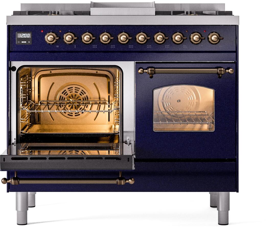 ILVE Nostalgie II 40-Inch Dual Fuel Freestanding Range in Midnight Blue with Burnished Bronze Trim (UPD40FNMPMBBLP)
