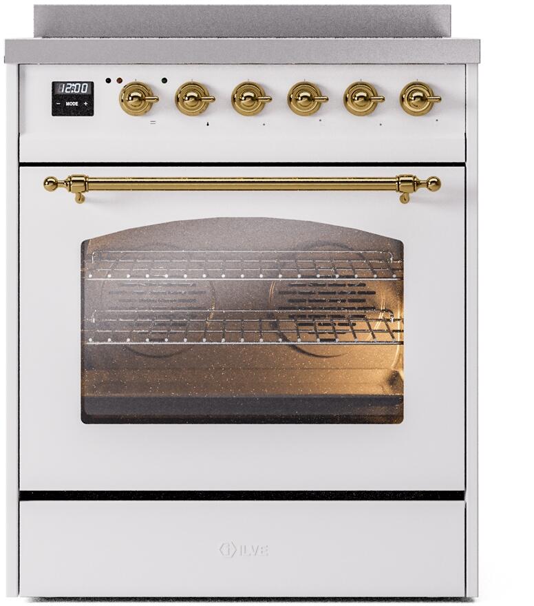 ILVE Nostalgie II 30-Inch Electric Induction Range, Freestanding, White with Brass Trim (UPI304NMPWHG)