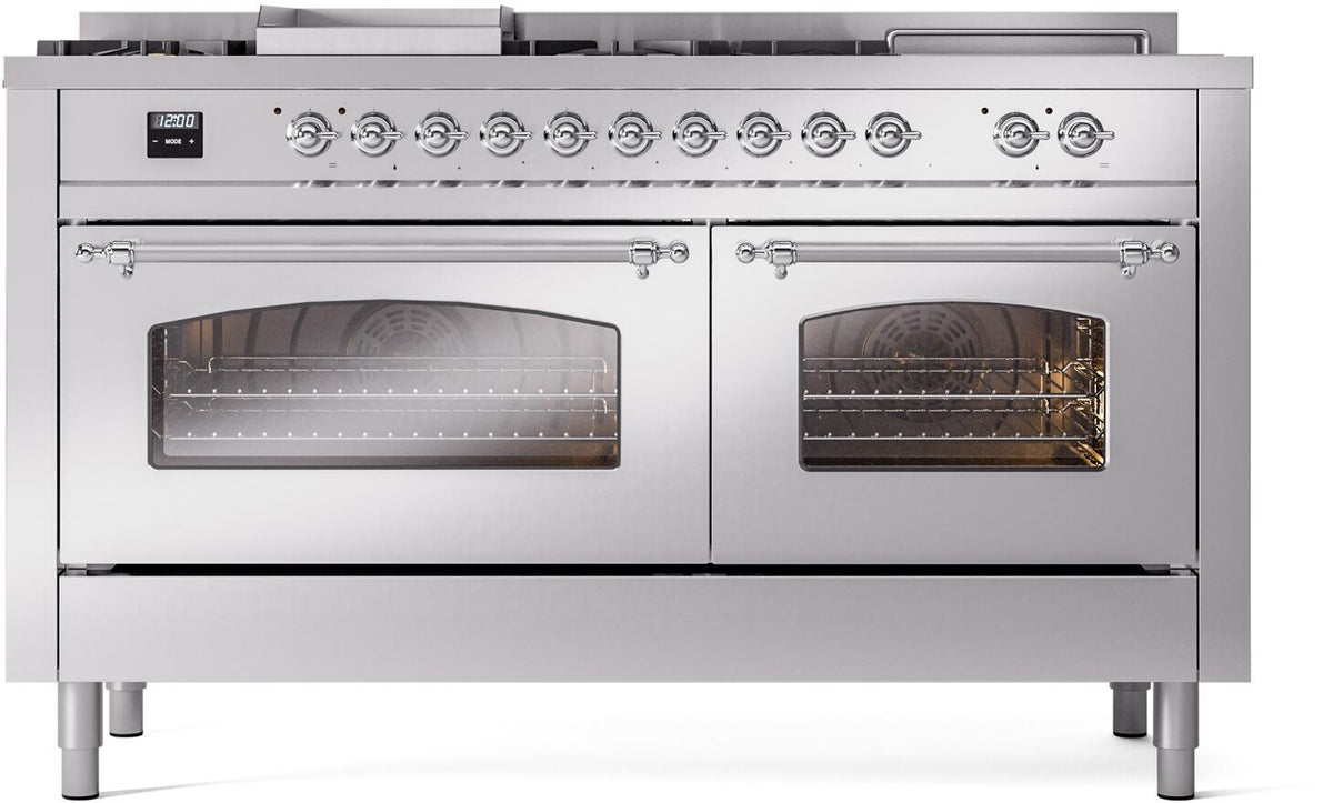 ILVE Nostalgie II 60-Inch LP Dual Fuel Range, 7 Burners, Griddle, French Top, Triple Glass Door, Stainless Steel with Chrome Trim (UP60FSNMPSSCLP)
