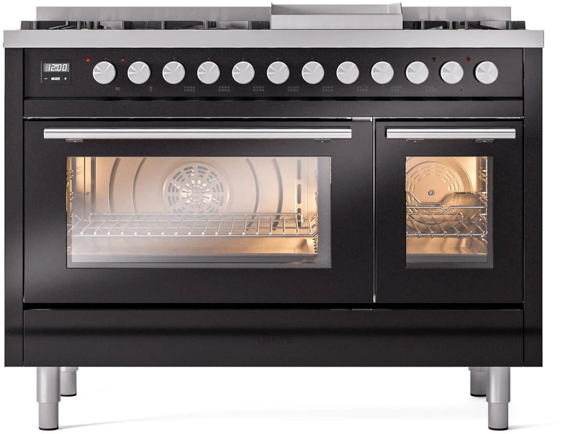 ILVE Professional Plus II 48-Inch Freestanding Natural Gas Dual Fuel Range, 8 Sealed Burners, Glossy Black (UP48FWMPBK)