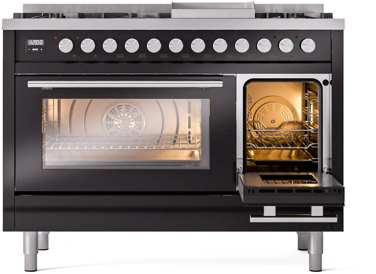 ILVE 48-Inch Professional Plus II Freestanding Propane Gas Dual Fuel Range with 8 Sealed Burner in Glossy Black (UP48FWMPBKLP)