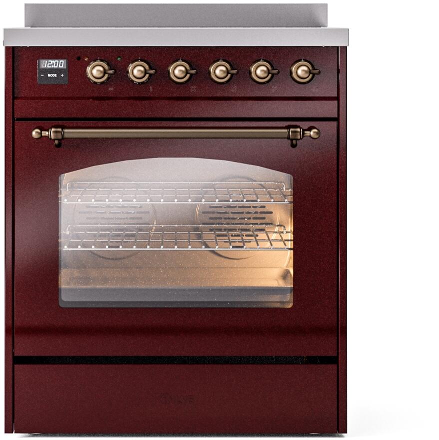 ILVE Nostalgie II 30-Inch Electric Induction Range, Freestanding, Burgundy with Burnished Bronze Trim (UPI304NMPBUB)