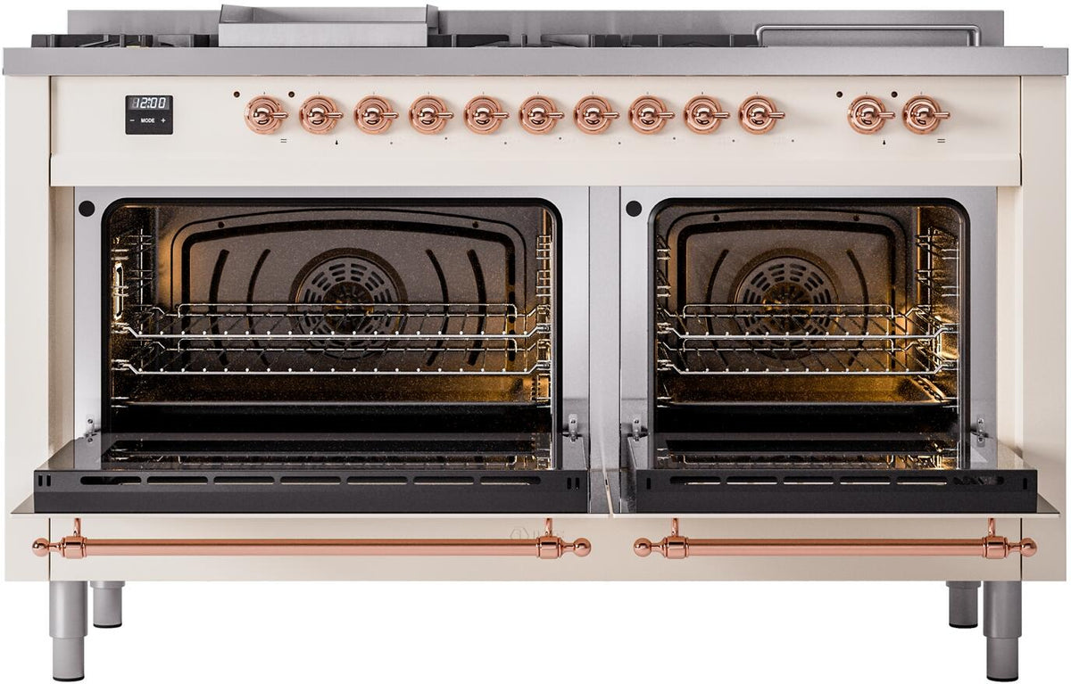 ILVE Nostalgie II 60-Inch Propane Gas Dual Fuel Range with 7 Burners, Griddle, & French Top with Triple Glass Door Oven in Antique White with Copper Trim (UP60FSNMPAWPLP)