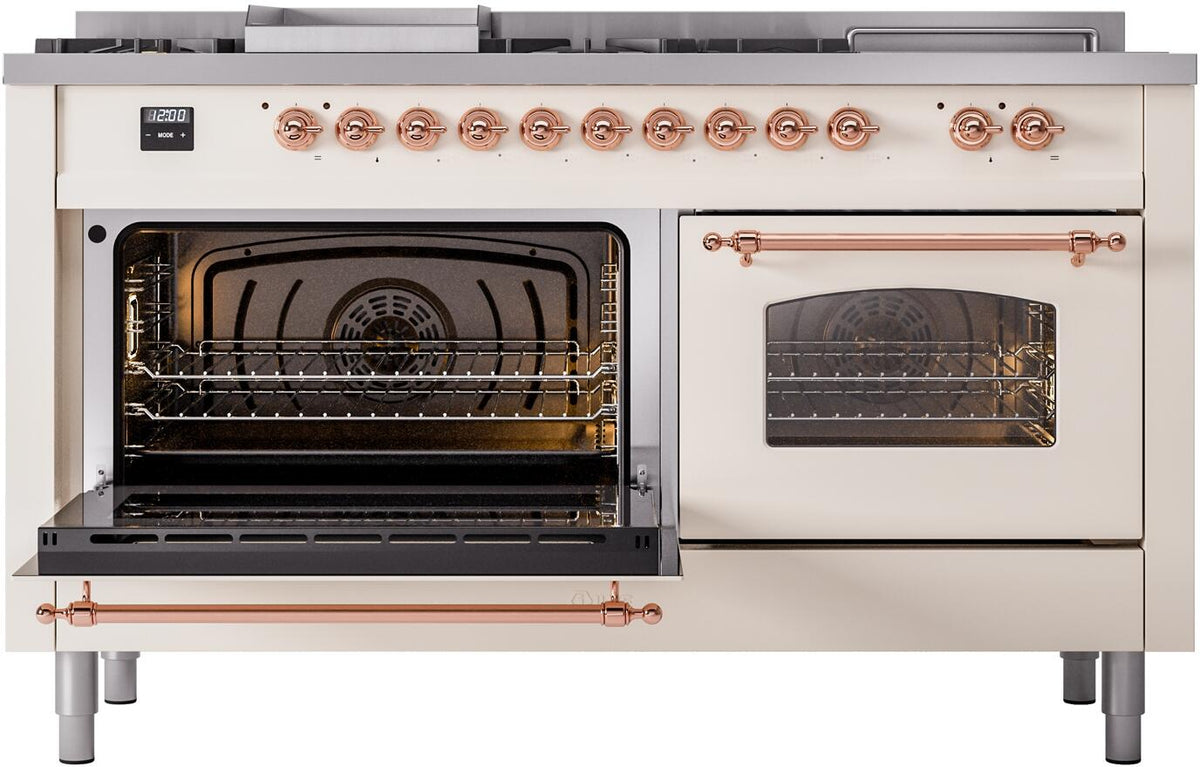 ILVE Nostalgie II 60-Inch Propane Gas Dual Fuel Range with 7 Burners, Griddle, & French Top with Triple Glass Door Oven in Antique White with Copper Trim (UP60FSNMPAWPLP)