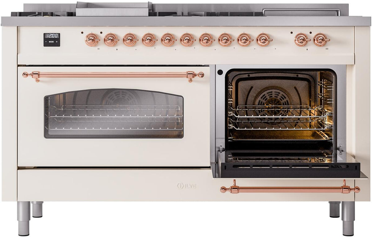 ILVE Nostalgie II 60-Inch Propane Gas Dual Fuel Range with 7 Burners, Griddle, & French Top with Triple Glass Door Oven in Antique White with Copper Trim (UP60FSNMPAWPLP)