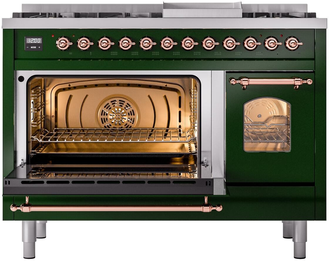 ILVE Nostalgie II 48-Inch Freestanding Natural Gas Dual Fuel Range in Emerald Green with Copper Trim (UP48FNMPEGP)