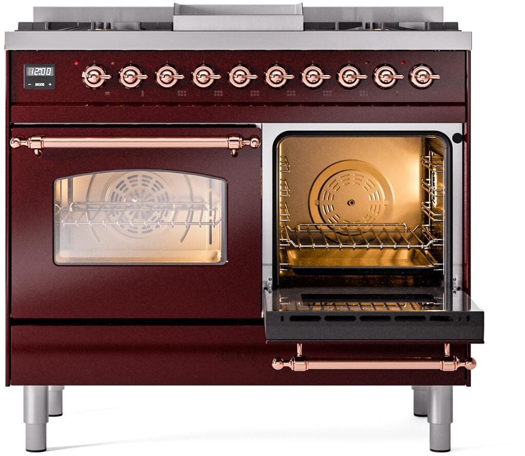 ILVE Nostalgie II 40-Inch Freestanding Natural Gas Dual Fuel Range in Burgundy with Copper Trim (UPD40FNMPBUP)