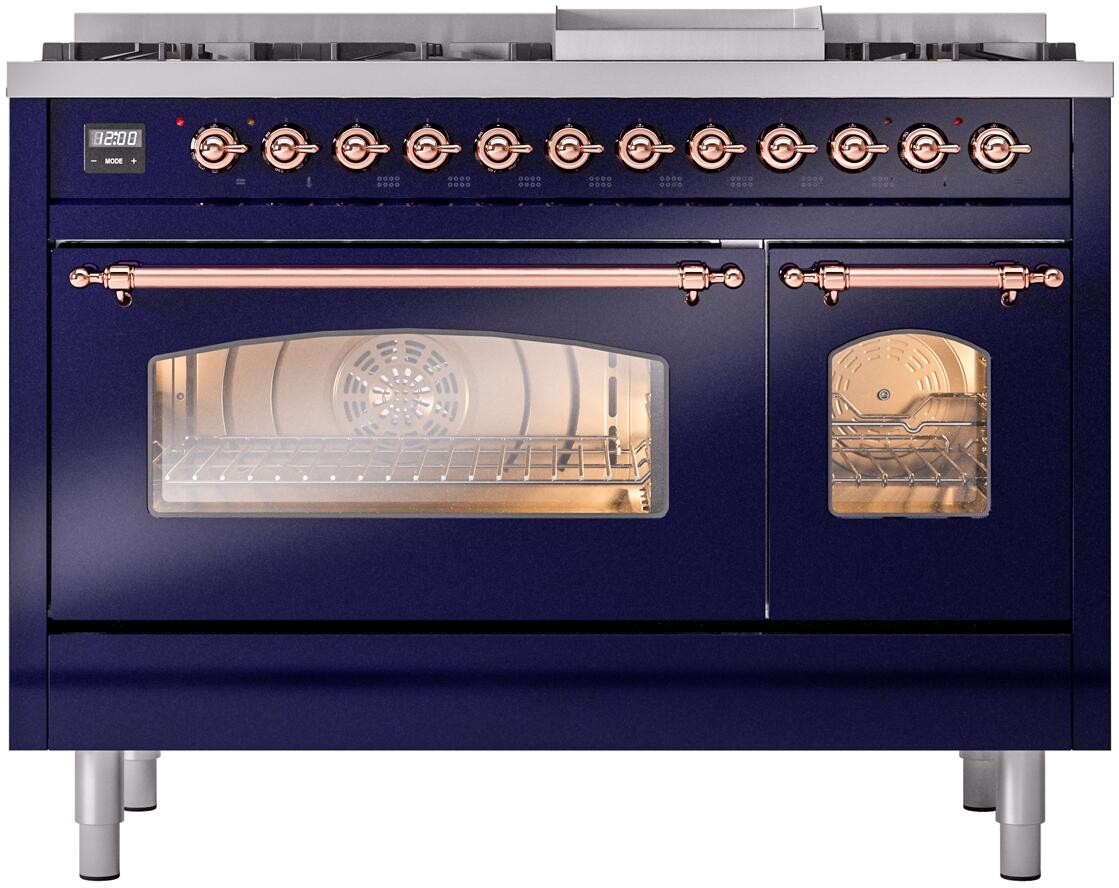 ILVE Nostalgie II 48-Inch Dual Fuel Freestanding Range in Midnight Blue with Copper Trim (UP48FNMPMBPLP)
