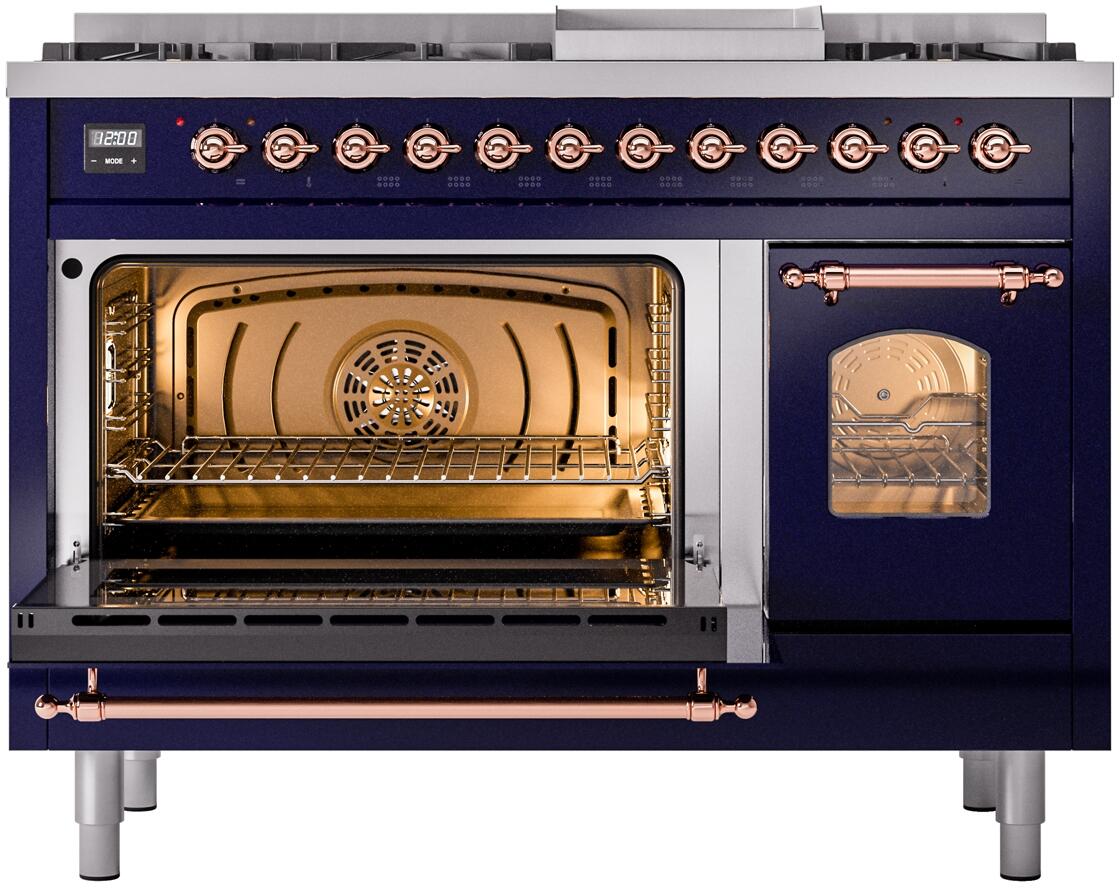 ILVE Nostalgie II 48-Inch Dual Fuel Freestanding Range in Midnight Blue with Copper Trim (UP48FNMPMBPLP)