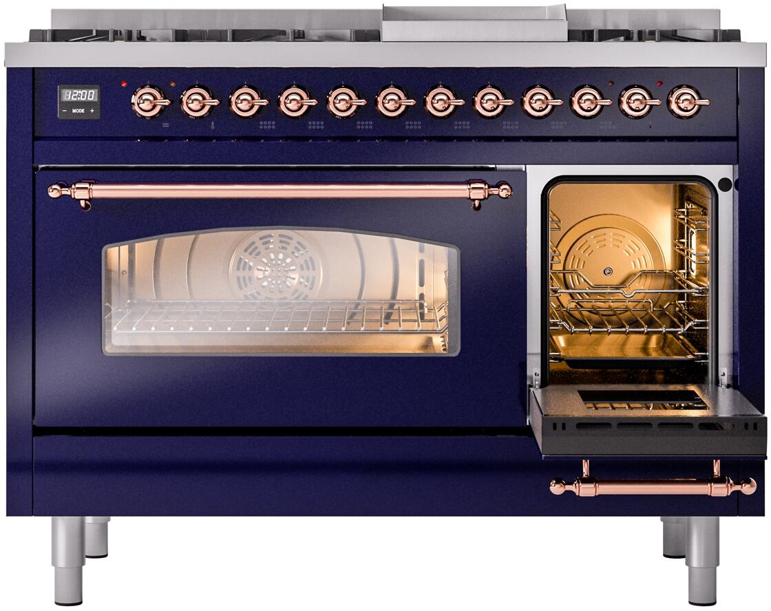 ILVE Nostalgie II 48-Inch Dual Fuel Freestanding Range in Midnight Blue with Copper Trim (UP48FNMPMBPLP)