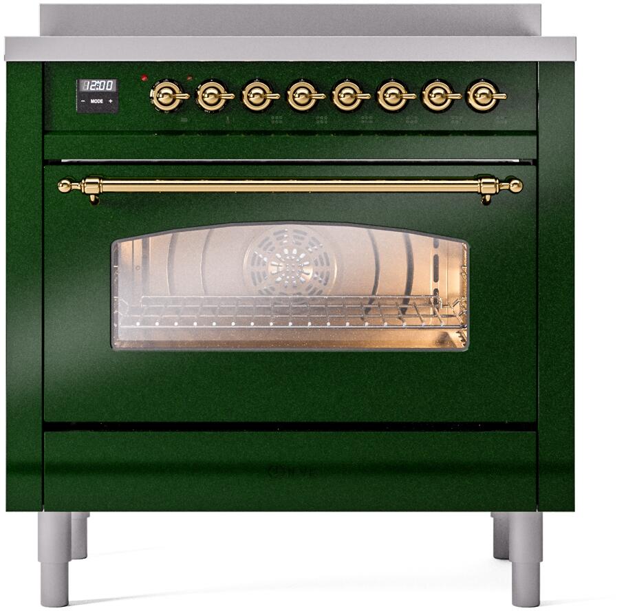 ILVE Nostalgie II 36-Inch Freestanding Electric Induction Range, Emerald Green with Brass Trim (UPI366NMPEGG)