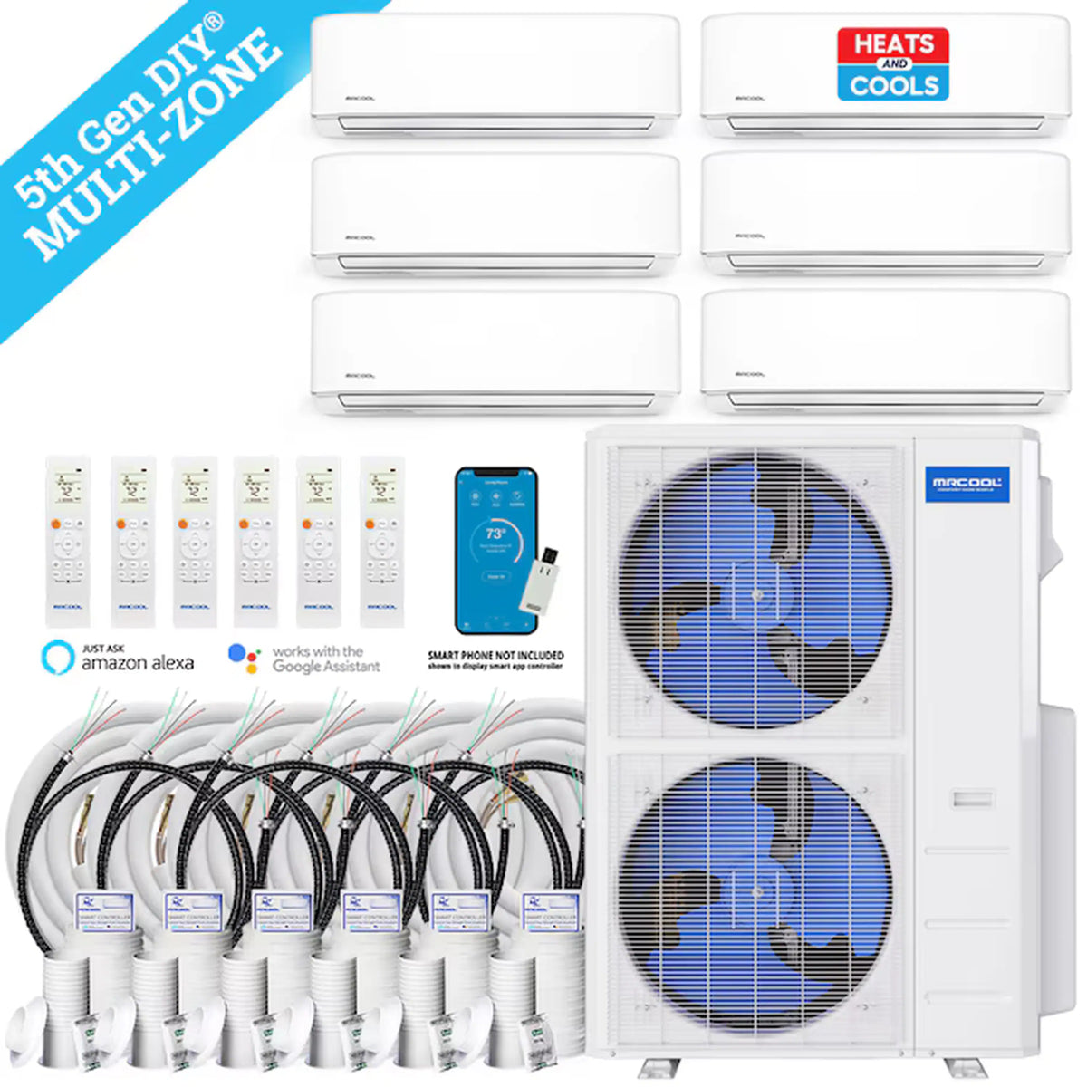 MRCOOL DIY 5th Gen 55,000 BTU 6-Zone Ductless Mini Split Air Conditioner and Heat Pump with 6K+6K+9K+9K+9K+9K BTU Wall Mount Indoor Units