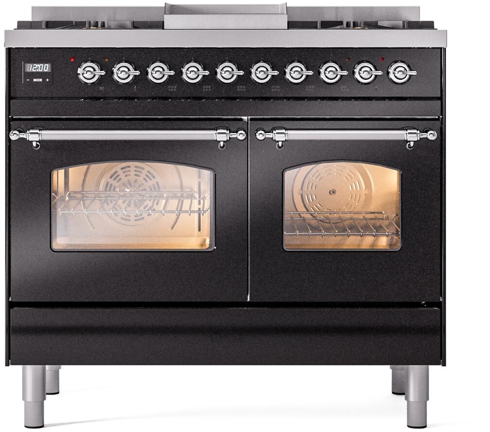 ILVE Nostalgie II 40-Inch Dual Fuel Freestanding Range in Glossy Black with Chrome Trim (UPD40FNMPBKCLP)