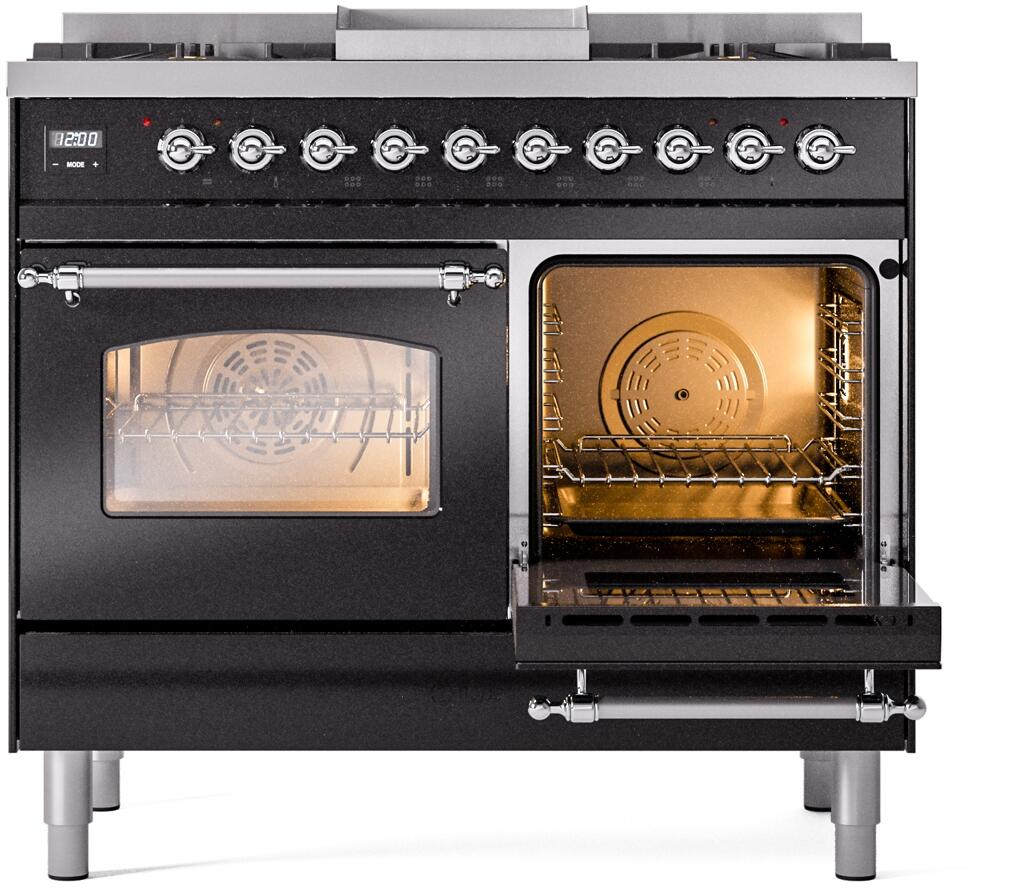 ILVE Nostalgie II 40-Inch Dual Fuel Freestanding Range in Glossy Black with Chrome Trim (UPD40FNMPBKCLP)