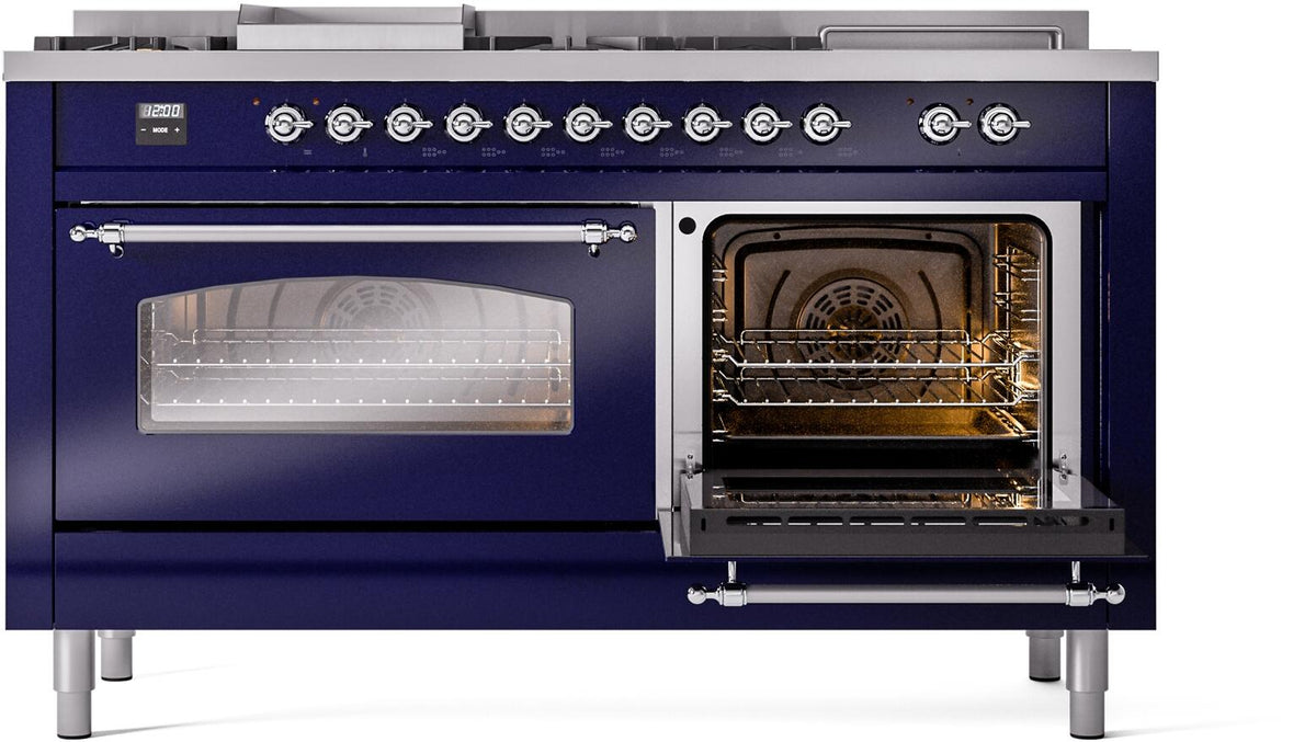 ILVE Nostalgie II 60-Inch Propane Gas Dual Fuel Range with 7 Burners, Griddle, & French Top with Triple Glass Door Oven in Midnight Blue with Chrome Trim (UP60FSNMPMBCLP)