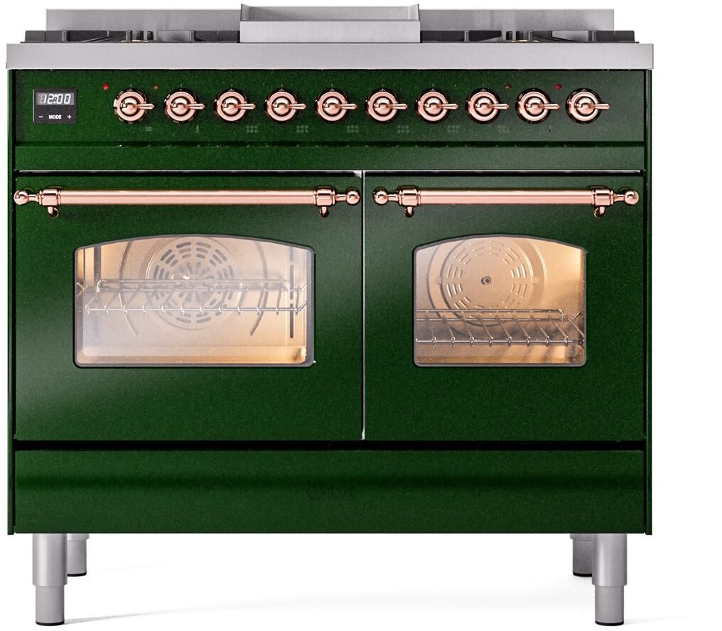 ILVE Nostalgie II 40-Inch Freestanding Natural Gas Dual Fuel Range, Emerald Green with Copper Trim (UPD40FNMPEGP)