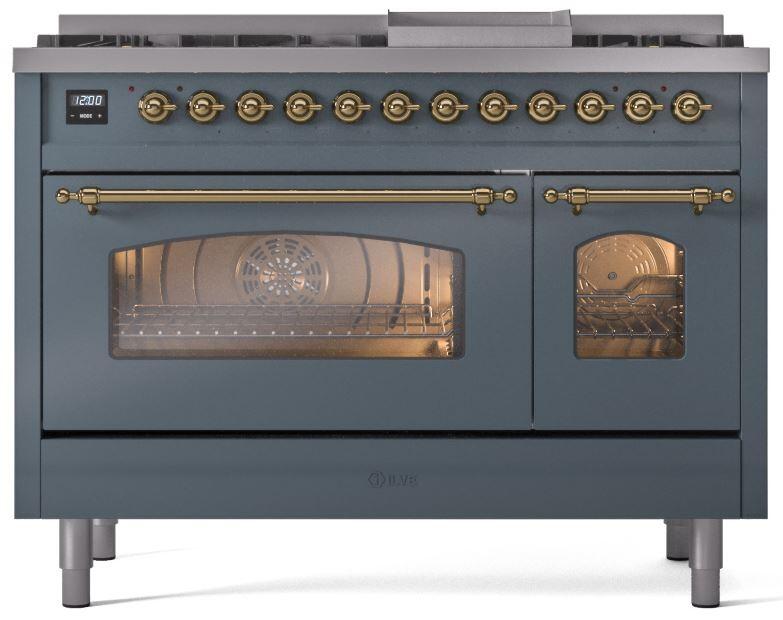 ILVE Nostalgie II 48-Inch Dual Fuel Freestanding Range in Blue Grey with Brass Trim (UP48FNMPBGGLP)